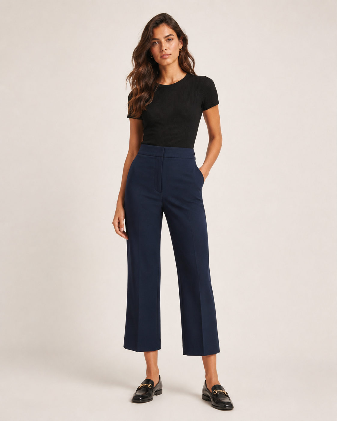 putong-Navy High-Waisted Straight-Leg Pants
