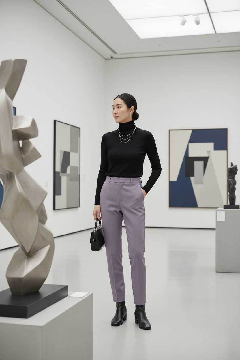 Smoky lavender cigarette trousers lifestyle shot