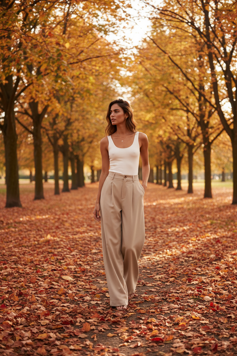 Mocha brown wide-leg trousers lifestyle shot