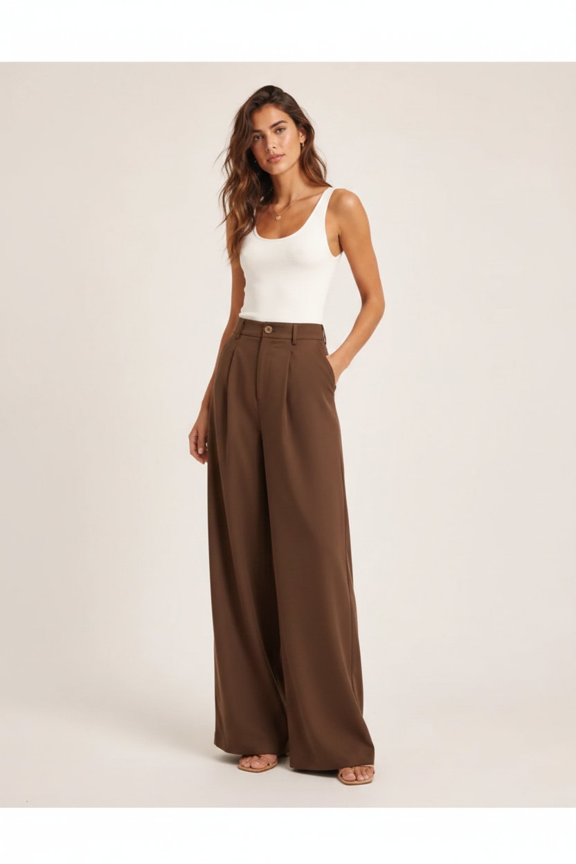 Mocha brown wide-leg trousers front view