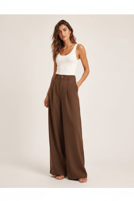 Mocha brown wide-leg trousers front view