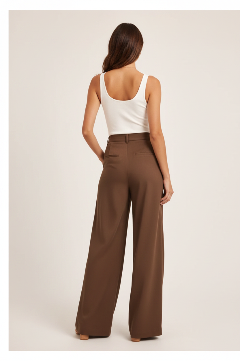 Mocha brown wide-leg trousers back view