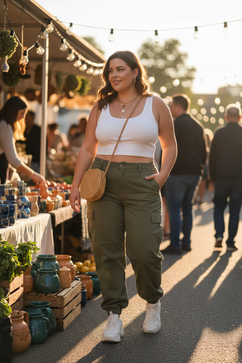 Olive green cargo trousers lifestyle shot