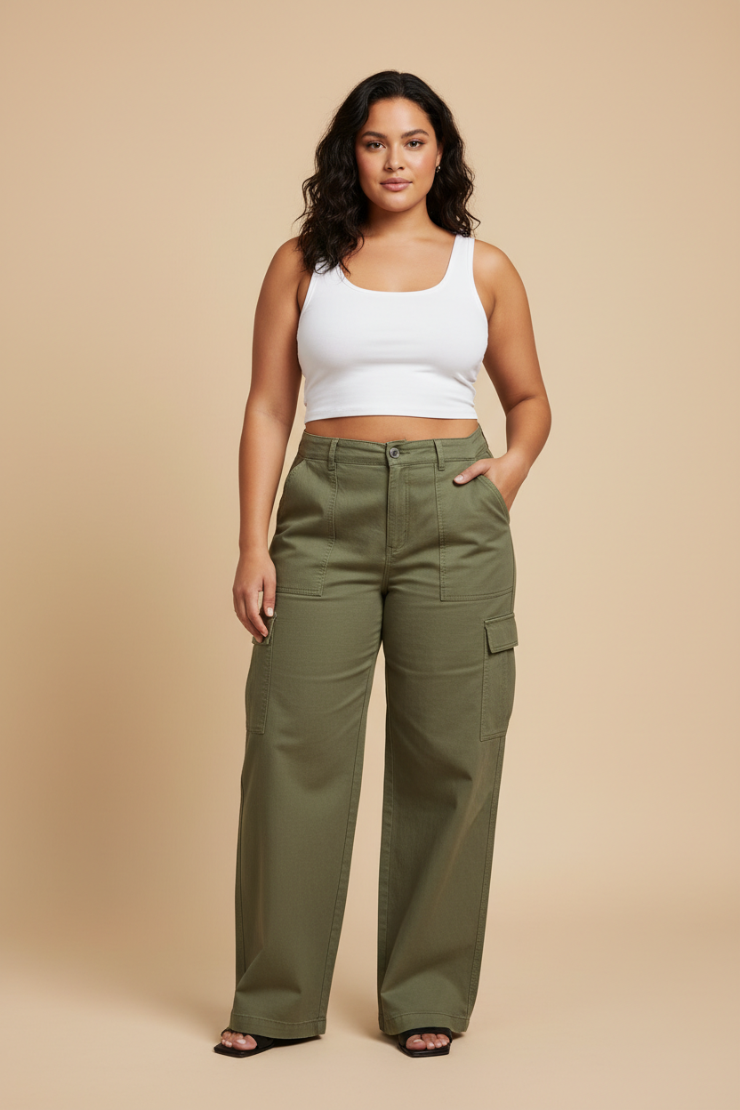 Olive green cargo trousers front view