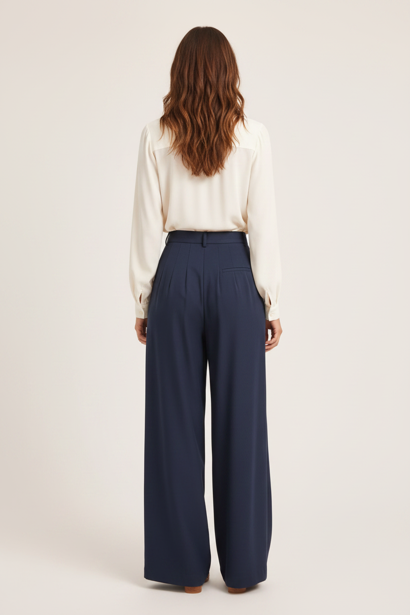 Navy blue wide-leg trousers back view