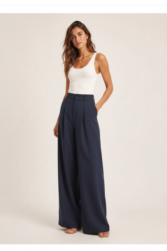 Navy blue wide-leg trousers front view