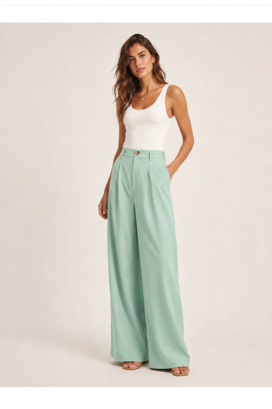 Mint green wide-leg trousers front view