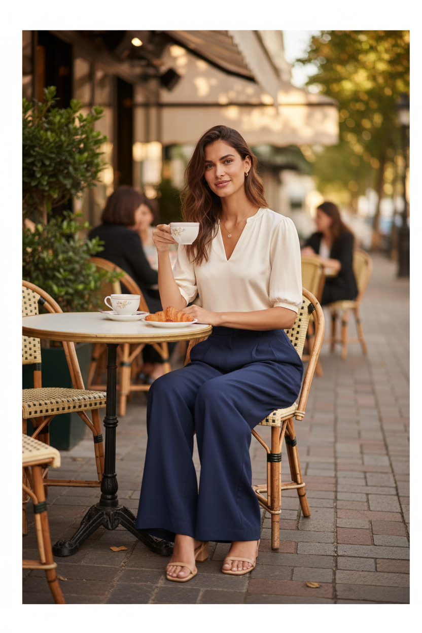 Navy blue wide-leg trousers lifestyle shot