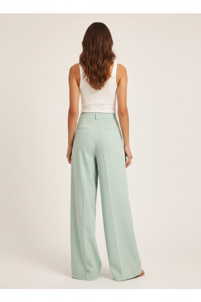 Mint green wide-leg trousers back view