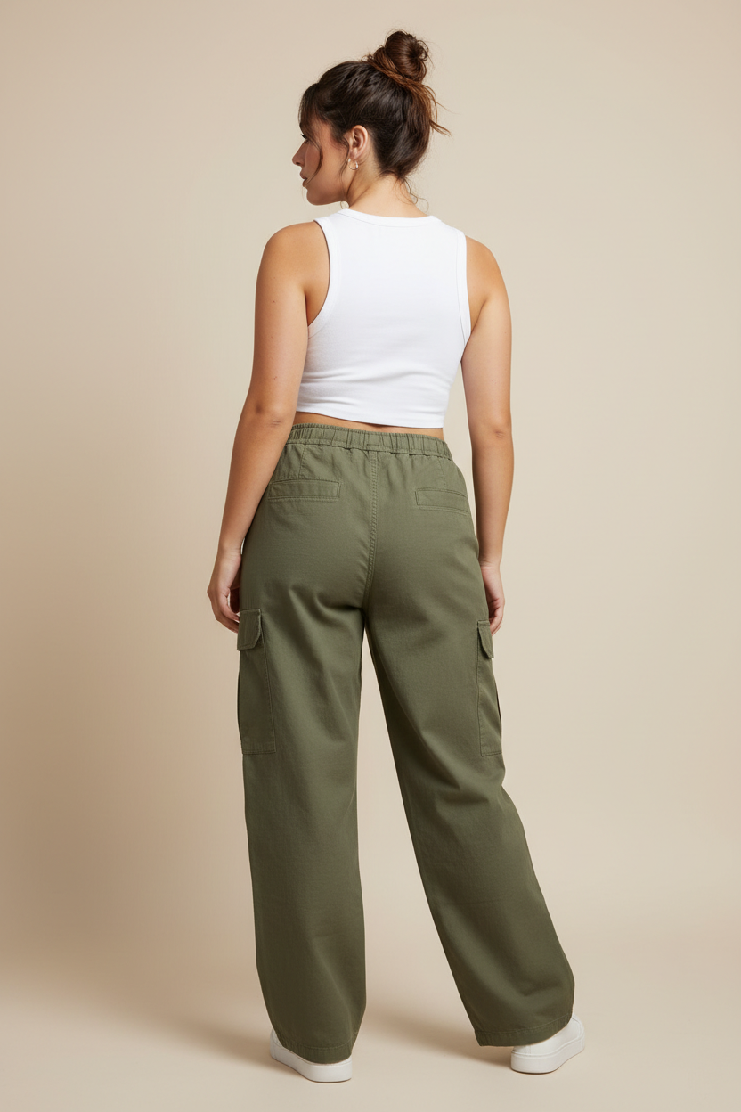 Olive green cargo trousers back view